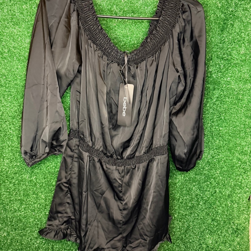 NWT Bebe Black Satin Off the Shoulder Romper Women's Large Smocked Ruffle